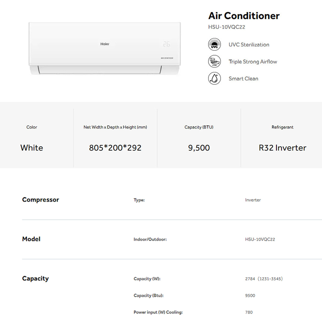 HAIER 1HP/1.5HP/2HP/2.5HP R32 UV Ray Inverter Wall Mount Air Conditioner HSU-10VQC22 |  UVC Sterilization | Triple Strong Airflow | Smart Clean | Energy Saving | I Feel | Air Conditioner with 3  Year Warranty