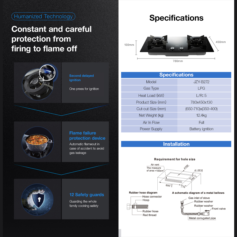 ROBAM 2 Burners Gathering Series Built-In High Flame Gas Hob SRB-B272 | Enamel Water Spray | Flame Failure Protective Device