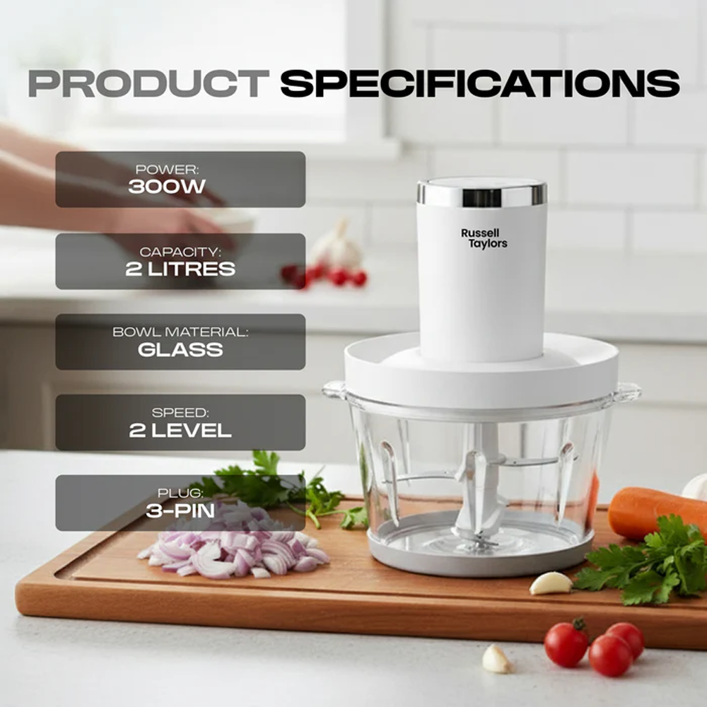 Russell Taylors 2L Glass Bowl Food Chopper FC2 | 2 Layers 304 Stainless Steel Blades | 2L Glass Chopper Bowl | 300W Powerful Motor | 2 -Speed Control