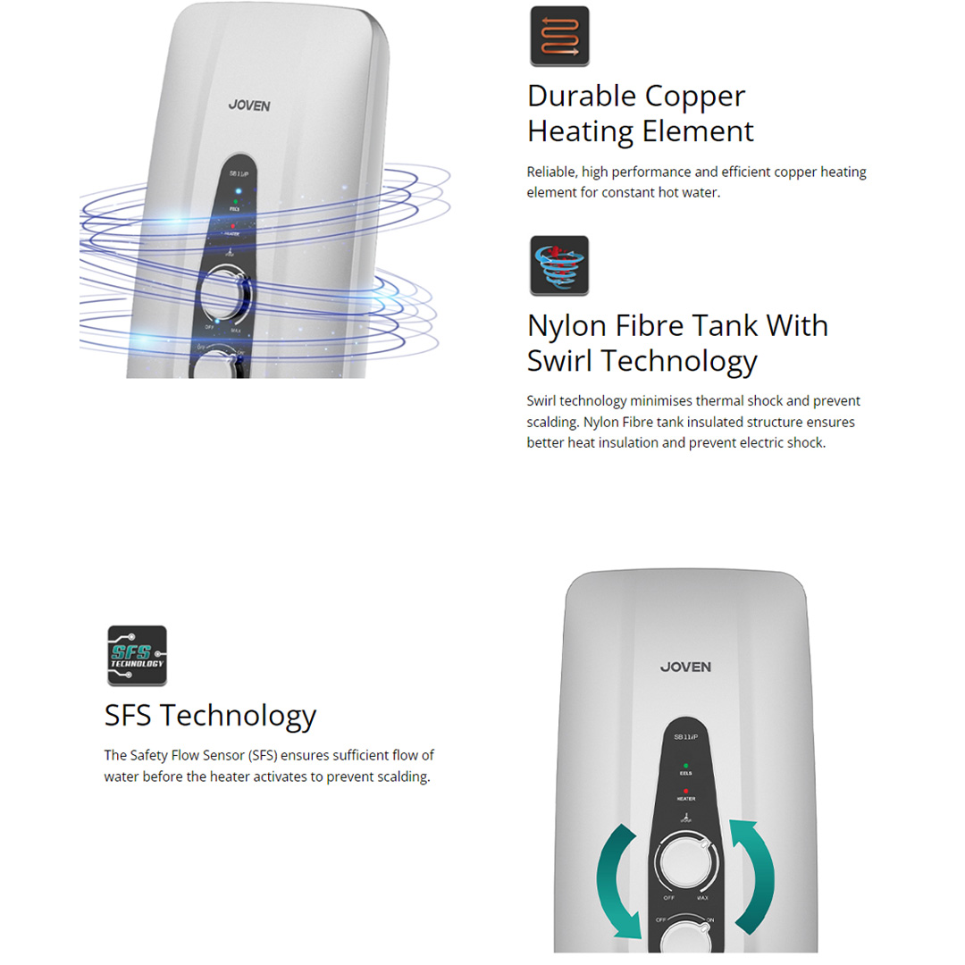 JOVEN 3600W DC Inverter Silent Pump Water Heater with Rain Shower SB11iP-RS | 5 Spray Showerhead | SFS Technology | Durable Copper Heating Element | Water Heater with 1 Year Warranty