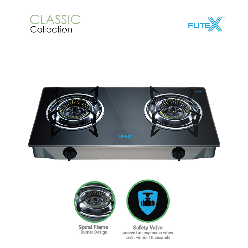 SENZ 2 Burners Portable Table Top SPIRAL/LINEAR FLAME Gas Stove with Safety Valve SZ-GS202/SZ-GS303| Futex Glass Heat Resistance