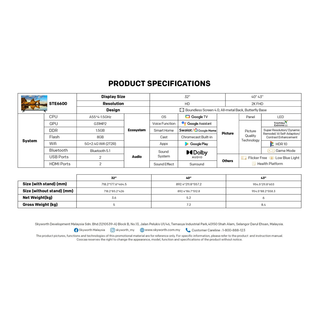 SKYWORTH 40" / SKYWORTH 43" FHD Google LED TV 40STE6600 / 43STE6600 | Digital DVB-T2 TV | Chromecast | Google Assistant | HDR10 | Game Mode | HLR | LED TV with 2 Year Warranty