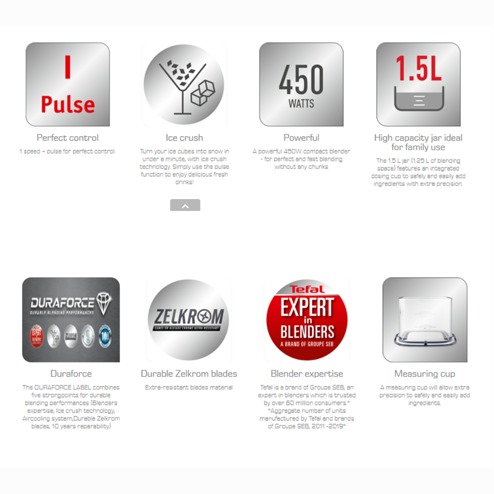 Tefal 1.5L Uno 2 Blender BL2B1165 | Durable Zelkrom Blades | Ice Crush Technology | High Capacity Jar Ideal for Family Use