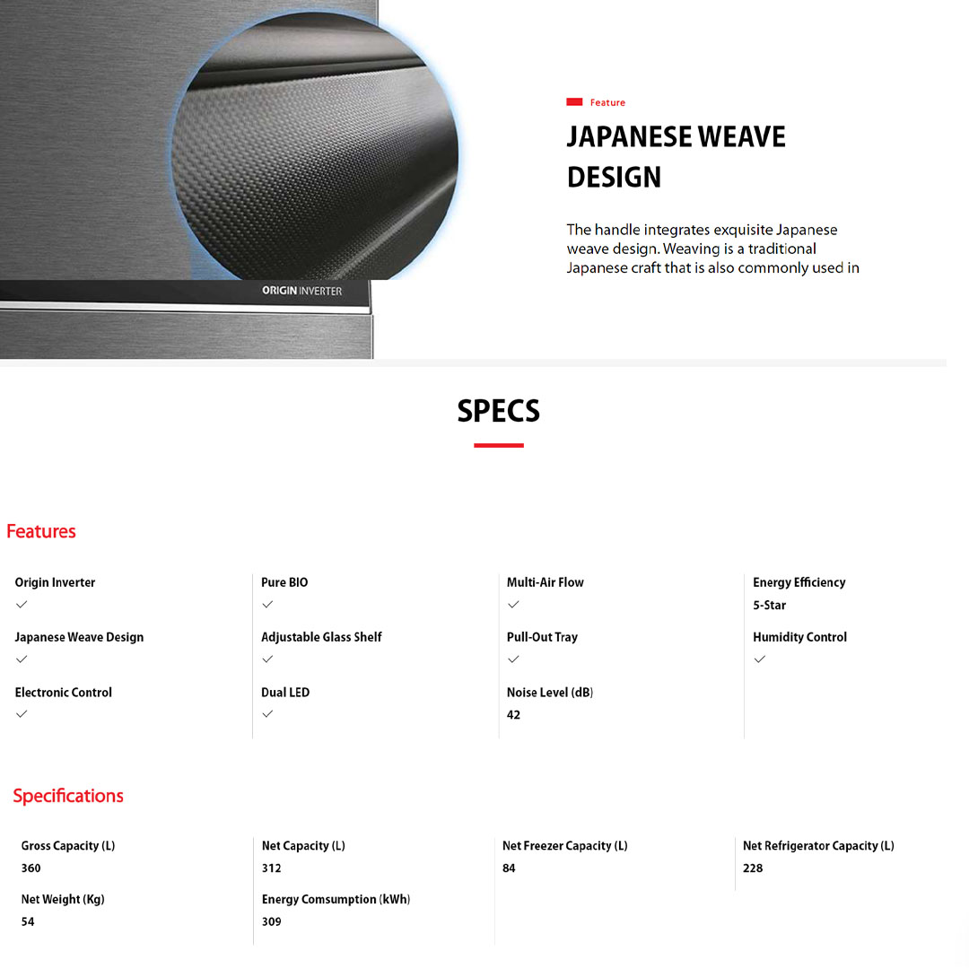 TOSHIBA 360L 2 Doors Inverter Pure BIO Refrigerator GR-RT412WE-PMY(58) | Japanese Weave Design | Multi-Air Flow | Dual LED | Adjustable Glass Shelf | Refrigerator with 2 Years Warranty