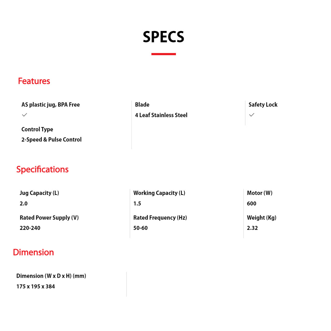 TOSHIBA 2L Multifunction Blender BL-60PH3TMY(H) | Real Smooth Power | Instant Grinding | Powerful Motor : 600W | Blender with 1 Year Warranty