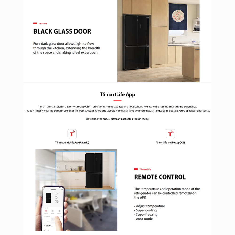 TOSHIBA 530L Multi Doors Origin Inverter IoT Refrigerator Black Glass GR-RF611WI-PGY(22) | PureBIO | TSmartLife Smart Control | Origin Inverter