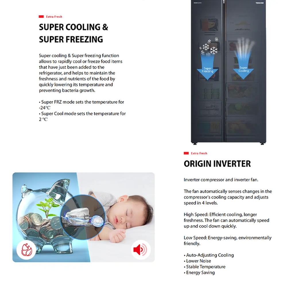 TOSHIBA 820L Side by Side Origin Inverter PureAIR Turbo Refrigerator GR-RS910WI-PMY(06) | PureAIR sterilization system | Extra-large freezer capacity | Super cooling & Super freezing function