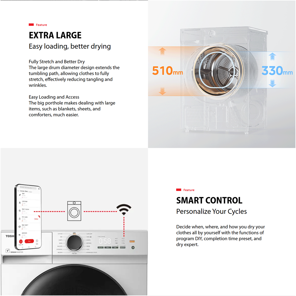 TOSHIBA 8KG/10KG Heat Pump Origin Inverter Tumble Dryer TD-E80BT21HWM(WW)/TD-BP110GHM(MG) | SENSE DRY™ | Anti-crease | TSmartLife Smart Control
