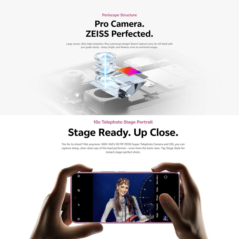 vivo V60 5G | Rear Camera 50MP | Qualcomm SM7750-AB Snapdragon 7 Gen 4 (4 nm) | 6.77 inches, AMOLED | Li-Po 6500 mAh,