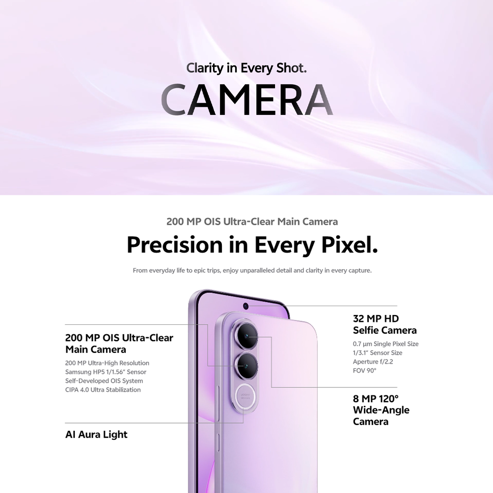 vivo V70 FE 5G 8GB+256GB/ 12GB+256GB | 6.83 inches | 200MP Rear Camera | Mediatek Dimensity 7360 Turbo (4 nm) | Android 16, OriginOS 6 | 7000mAh, 90W Fast Charge