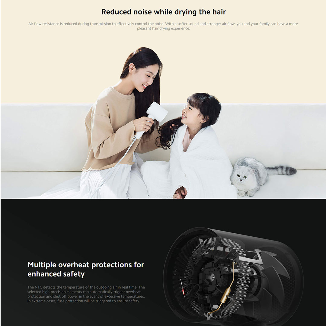 Xiaomi 1600W Mi Ionic Hair Dryer H300 CMJ02ZHM | Multiple Overheat Protections | 20m/s Super Large Air Flow | Ion Generator | 57°C Smart Temperature Control | Hair Dryer with 1 Year Warranty