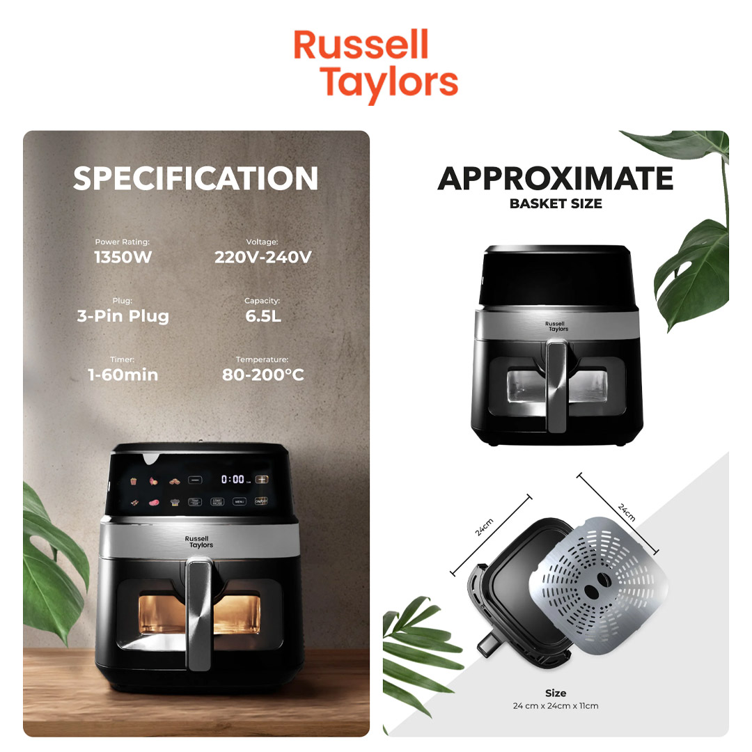 Russell Taylors 6.5L Visible Window Digital Air Fryer Z7 | Power Rating 1350 W | Crystal Clear Frying | Adjustable Timer & Temperature | Air Fryer with 2 Year Warranty