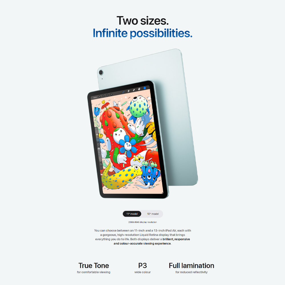 Apple iPad Air (M4) Wi‑Fi/ Wi-Fi + Cellular | 11"/13" | 12MP Rear Camera | Apple M4 Processor | iPadOS 26.3 | Li-Po 7606 mAh