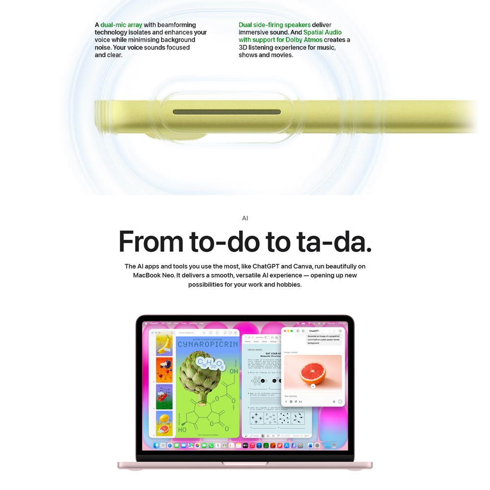 Apple MacBook Neo 8GB+256GB/ 8GB+512GB | 13-inch | Apple A18 Pro chip with 6‑core CPU and 5‑core GPU | Built-in privacy | 1080p FaceTime HD camera