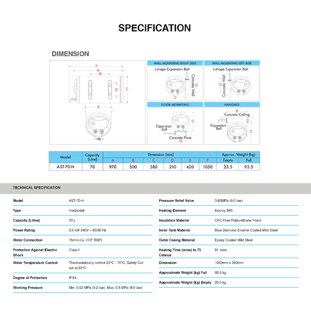 ALPHA 30L/50L/70L Horizontal Storage Water Heater AST-30-H/AST-50-H/AST-70-H | Multiple Size | Thermal Cut-Off