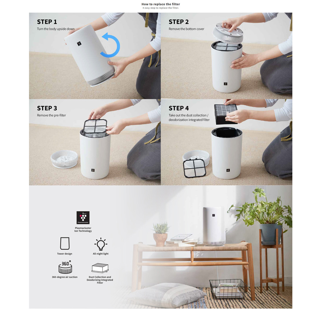 SHARP 10m² Plasmacluster Technology Tower Air Purifier FUNC01W | Removal of Odor | 360° Cylindrical Air Purification | Dust Collection | Deodorization Integrated Filter | Air Purifier with 1 Year Warranty