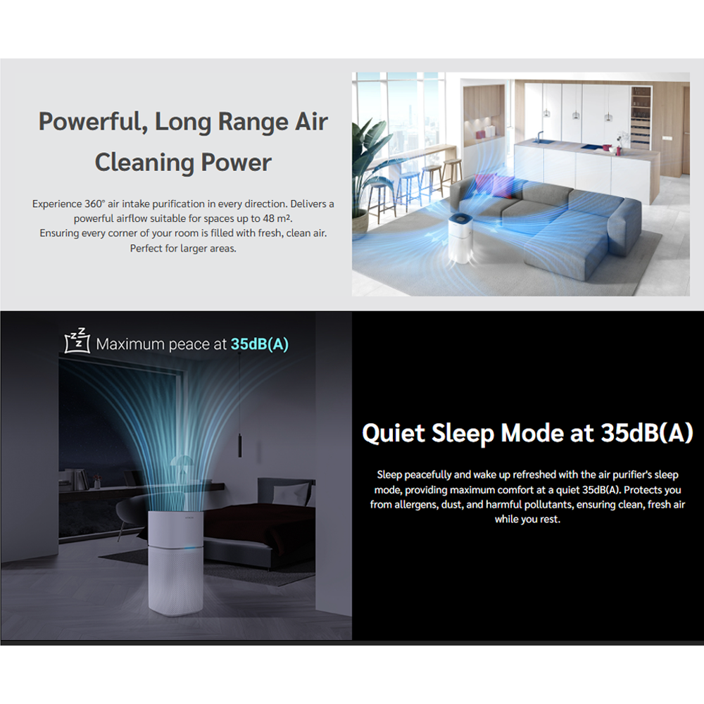Hitachi Air Purifier EP-TZ50WG | Coverage Area up to 48m² | HEPA H13 Filter | Powerful DC Motor Fan | Smart Control