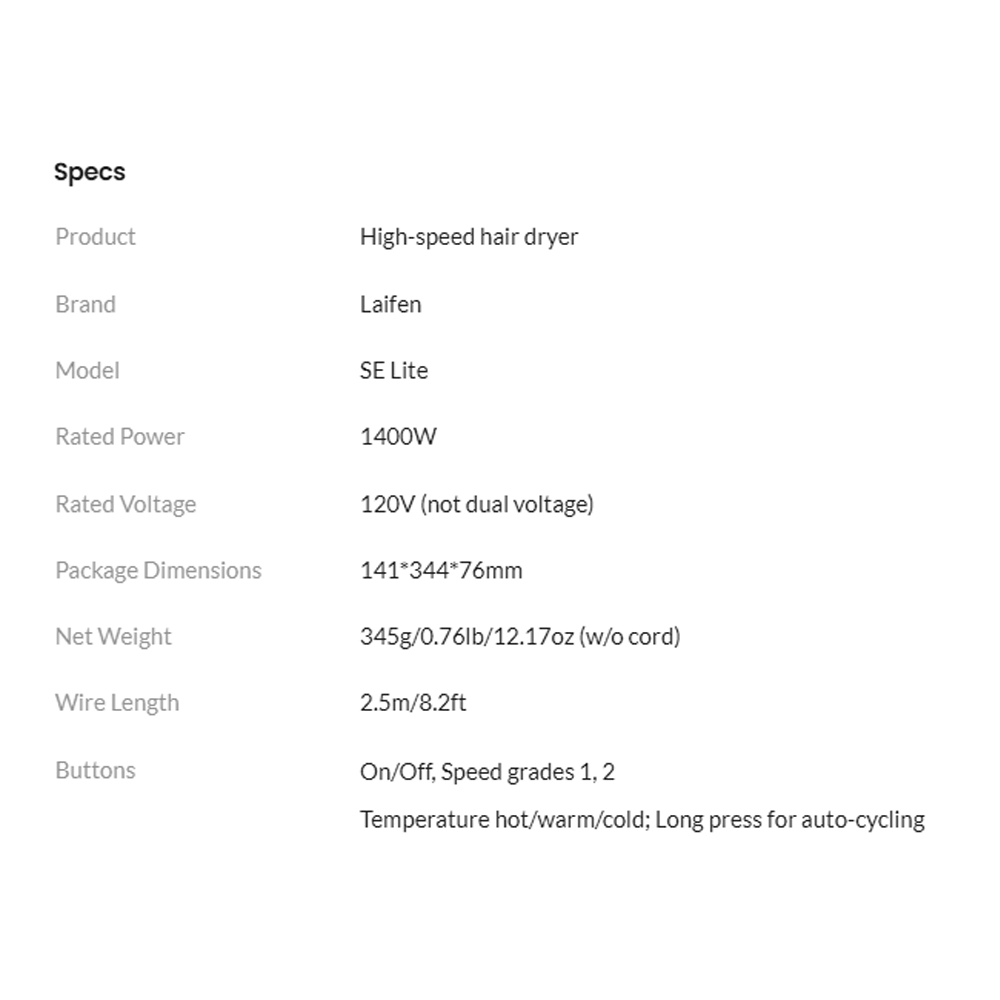 Laifen 1400W SE Lite Hair Dryer | Fast drying | 100,000 RPM motor | Intelligent temperature monitoring