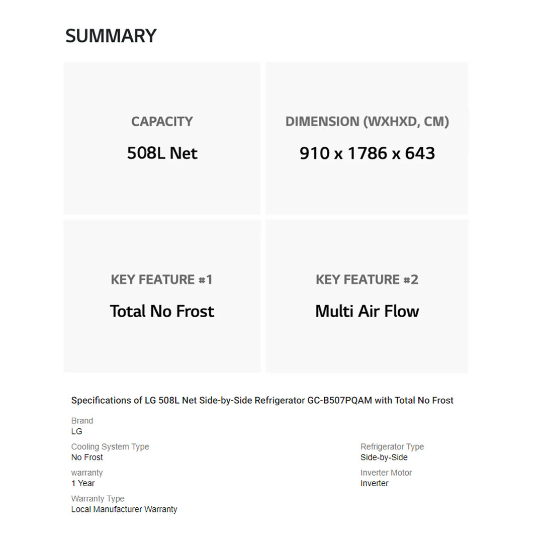LG 508L Side by Side Smart Inverter Refrigerator GC-B507PQAM | Total No Frost | Tempered Glass | Multi Air Flow | Touch LED Display | Refrigerator with 1 Year Warranty
