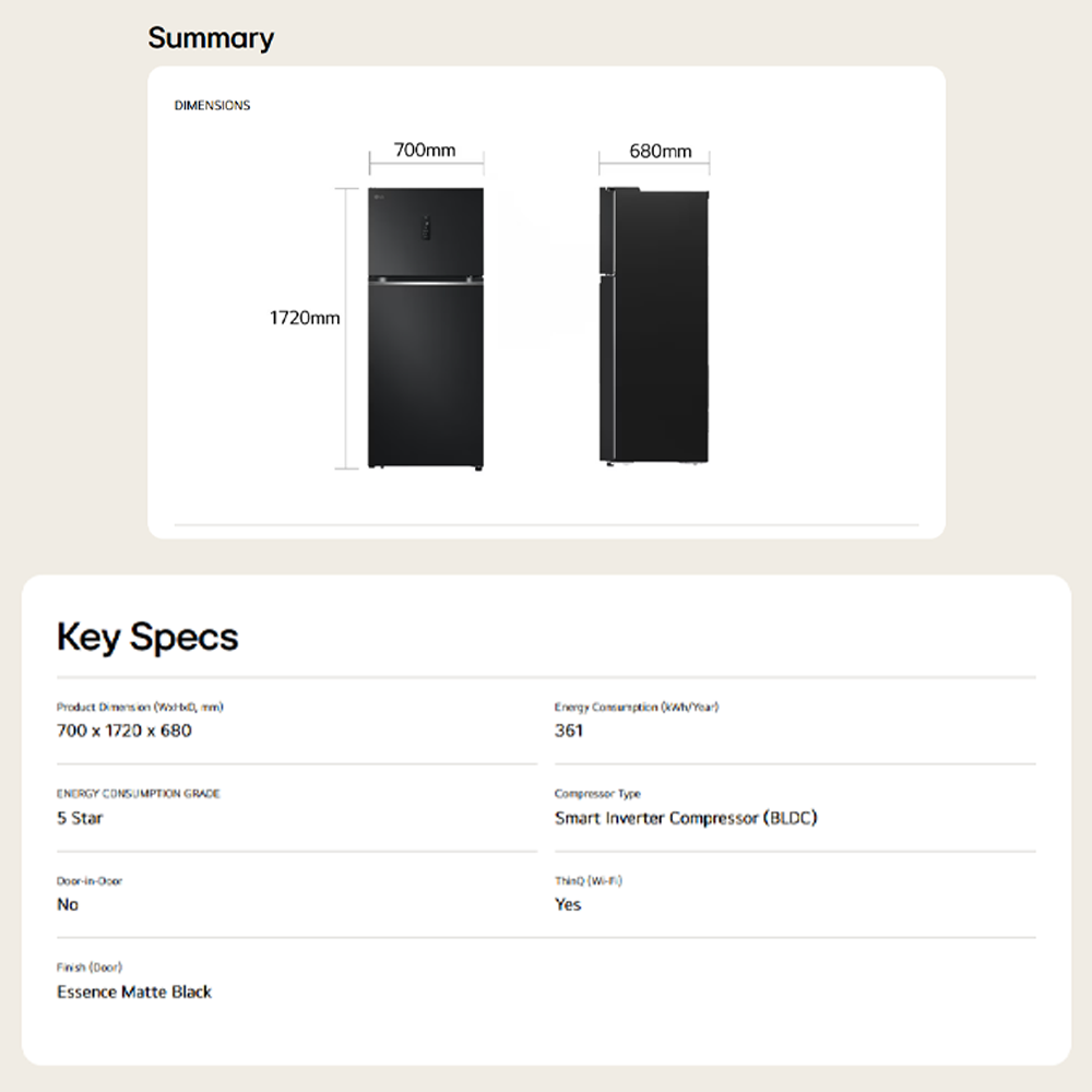 LG 410L 2 Doors Top Mount Smart Inverter Refrigerator GN-B372PQBK | Door Cooling+™ | Hygiene Fresh | Fresh 0 Zone