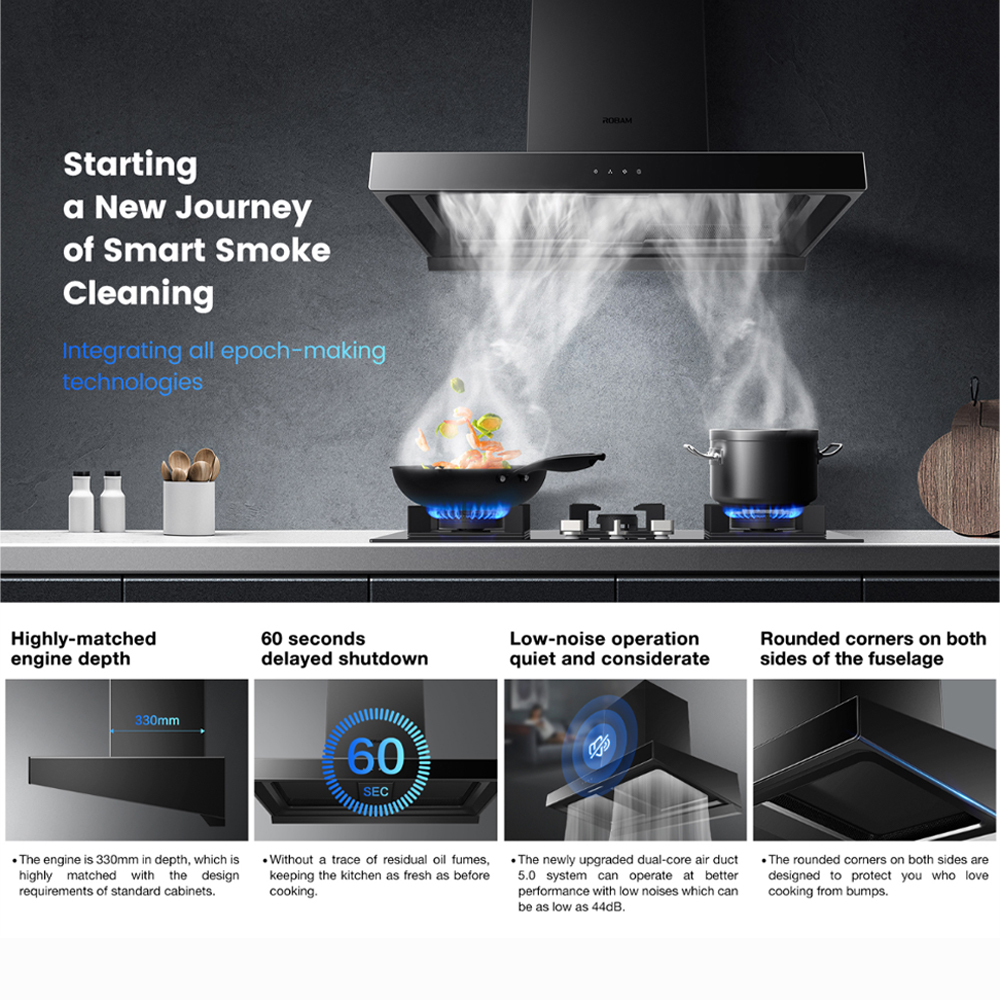 ROBAM 2000m3/h Dual-Cavity Range Hood Black SRB-A862 | Absorbing Smokes in All Directions | Low-Noise Operation Quiet