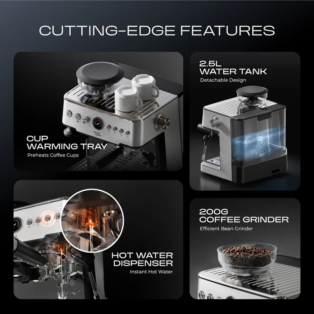 Russell Taylors 2380W 20 Bar Dual Boiler Espresso Machine 58mm Coffee Maker with Grinder EM5 | 200g Coffee Grinder | Dual Boiler | Powerful Steam