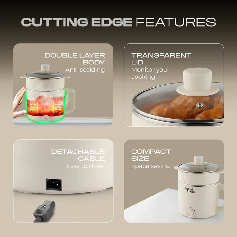 Russell Taylors 1.8L Multi Cooker Stainless Steel Electric Cooker MC2 | Power: 600W | Stainless Steel Inner Pot | All-In-One Multi Cooker | Cooks & Steam Simultaneously