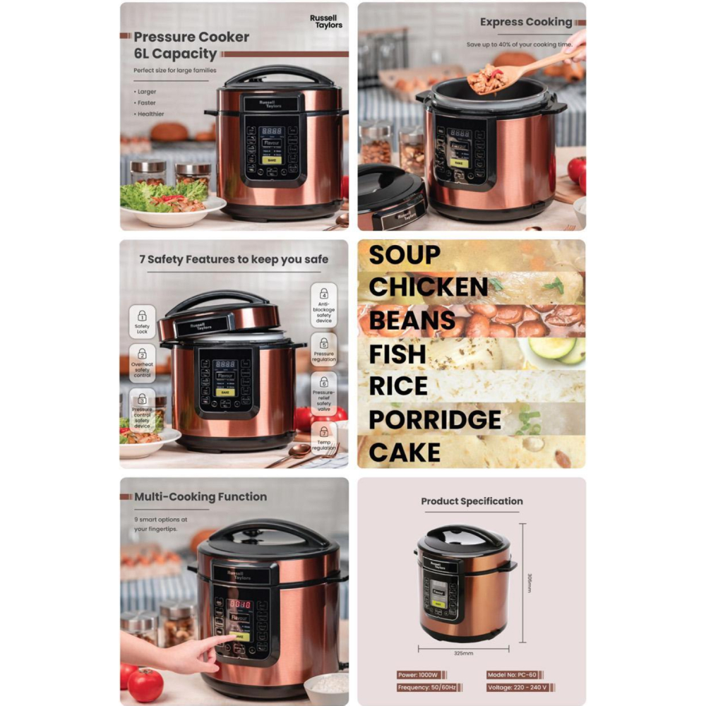 Russell Taylors 6L/12L Pressure Cooker PC-60/ PC-12 | Express Cooking | Multi-Cooking Function | LED Display | Cooker with 2 Year Warranty
