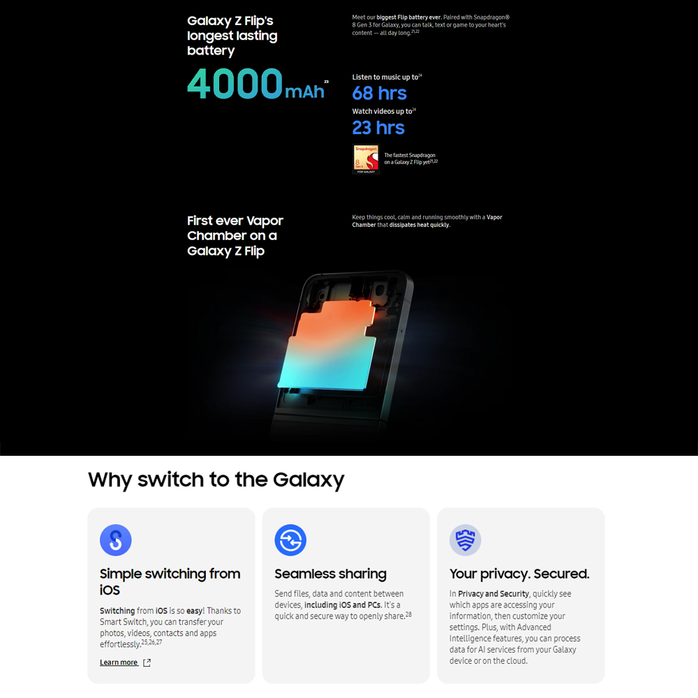SAMSUNG Galaxy Z Flip6 | Qualcomm SM8650-AB Snapdragon 8 Gen 3 (4 nm) | Nano-SIM and eSIM | 5G