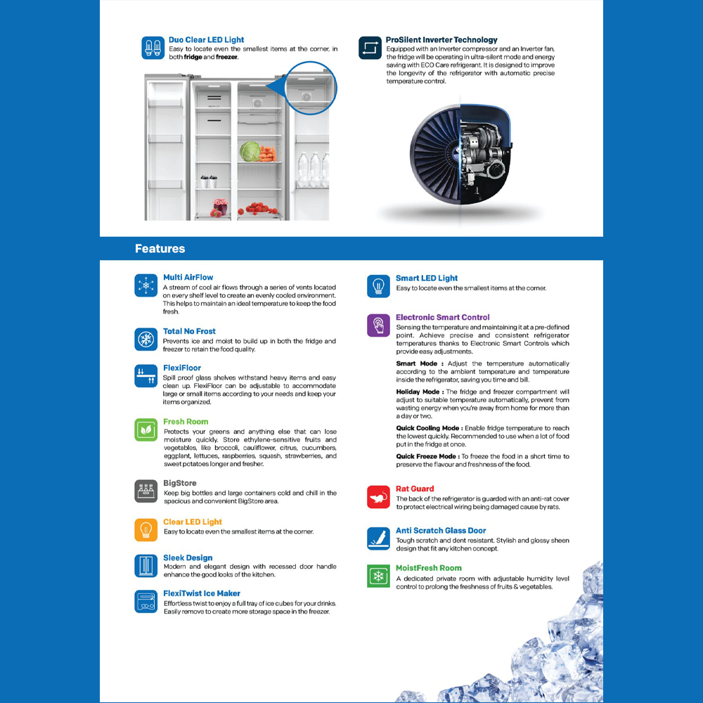 SKYWORTH 556L Side by Side ProSilent Inverter Refrigerator SBS-501WP / SBS-501WPGE | Multi Flow | Nano Ag+ Filter