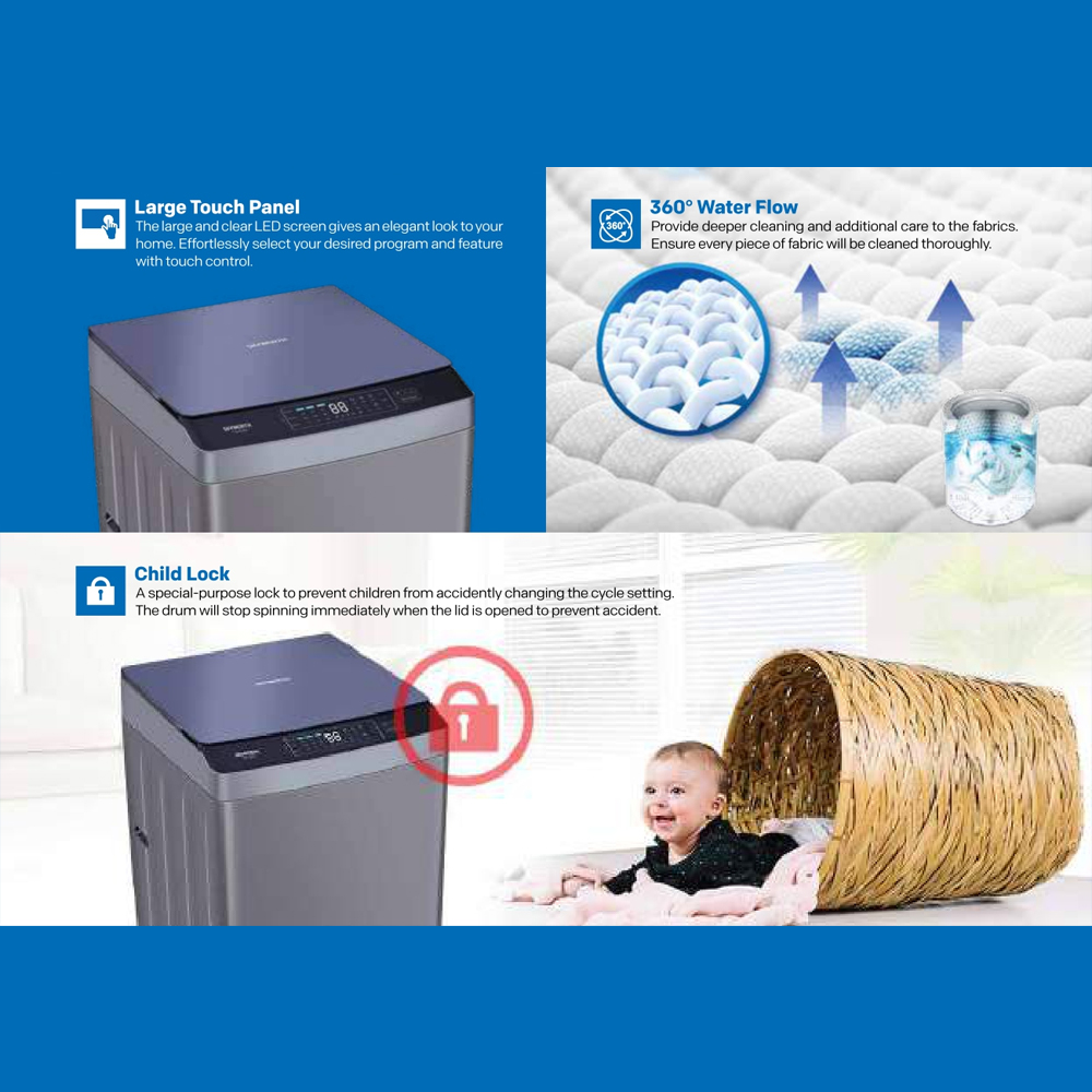 SKYWORTH 9KG Top Load Washing Machine T90M26NJ | Pearl Drum | 360° Water Flow | Wool Care | Vortex Pulsator