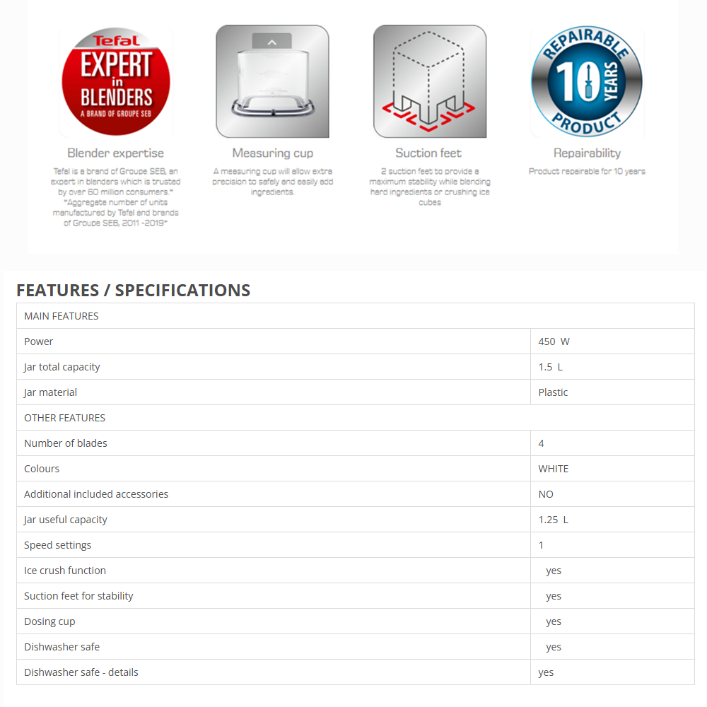 Tefal 1.5L Uno 2 Blender BL2B1165 | Durable Zelkrom Blades | Ice Crush Technology | High Capacity Jar Ideal for Family Use