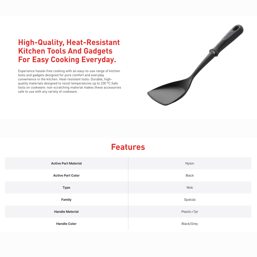 Tefal Comfort Wok Spatula K12909 | Dishwasher safe | Non-scratch material | Engineered with high-quality fiberglass reinforced polyamide | Enhanced ergonomic design