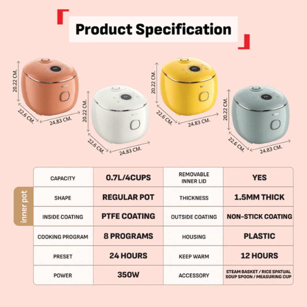 Tefal 0.7L POP Rice Cooker RK535 (periuk nasi) | Digital Smart Cooking Technology | 8 Cooking Programs | 1.5 mm non-stick pot