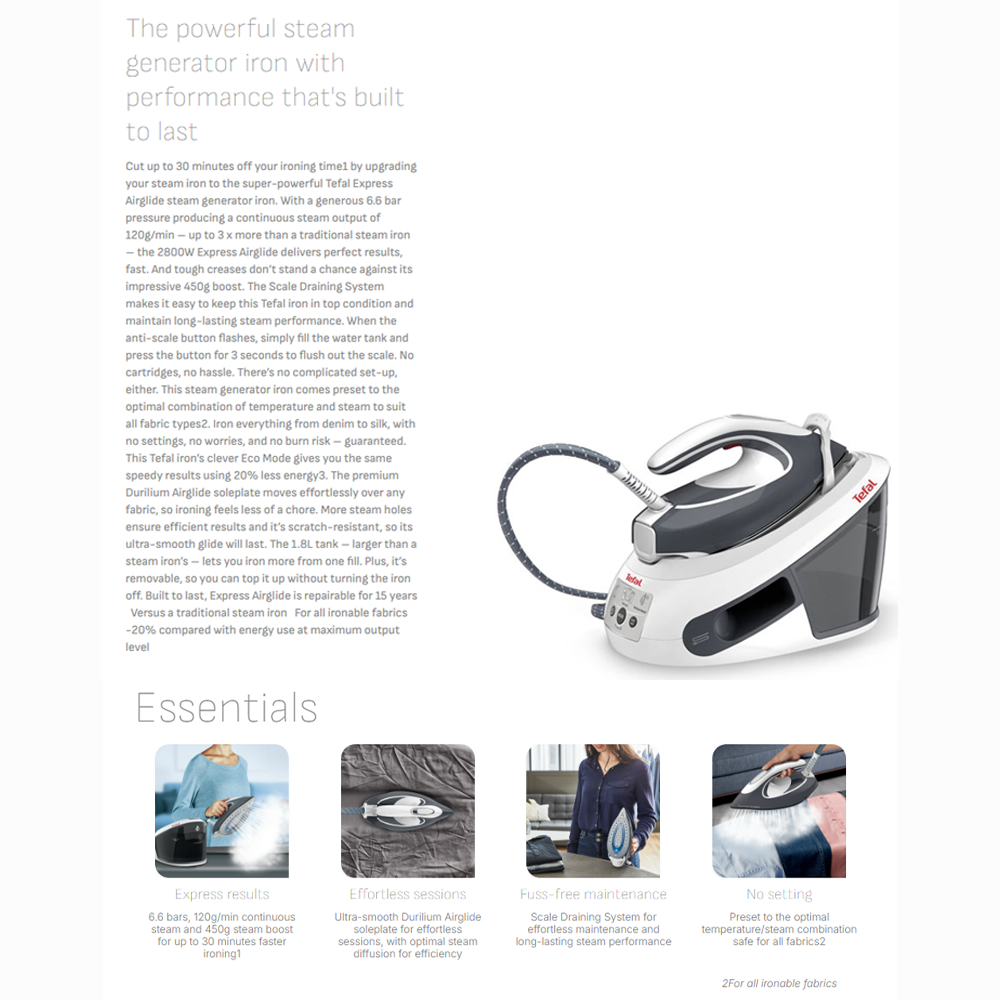 Tefal 2800W Express Airglide Steam Generator Iron SV8020 | Eco mode | Extra-powerful | Ultra-Smooth Durilium Airglide