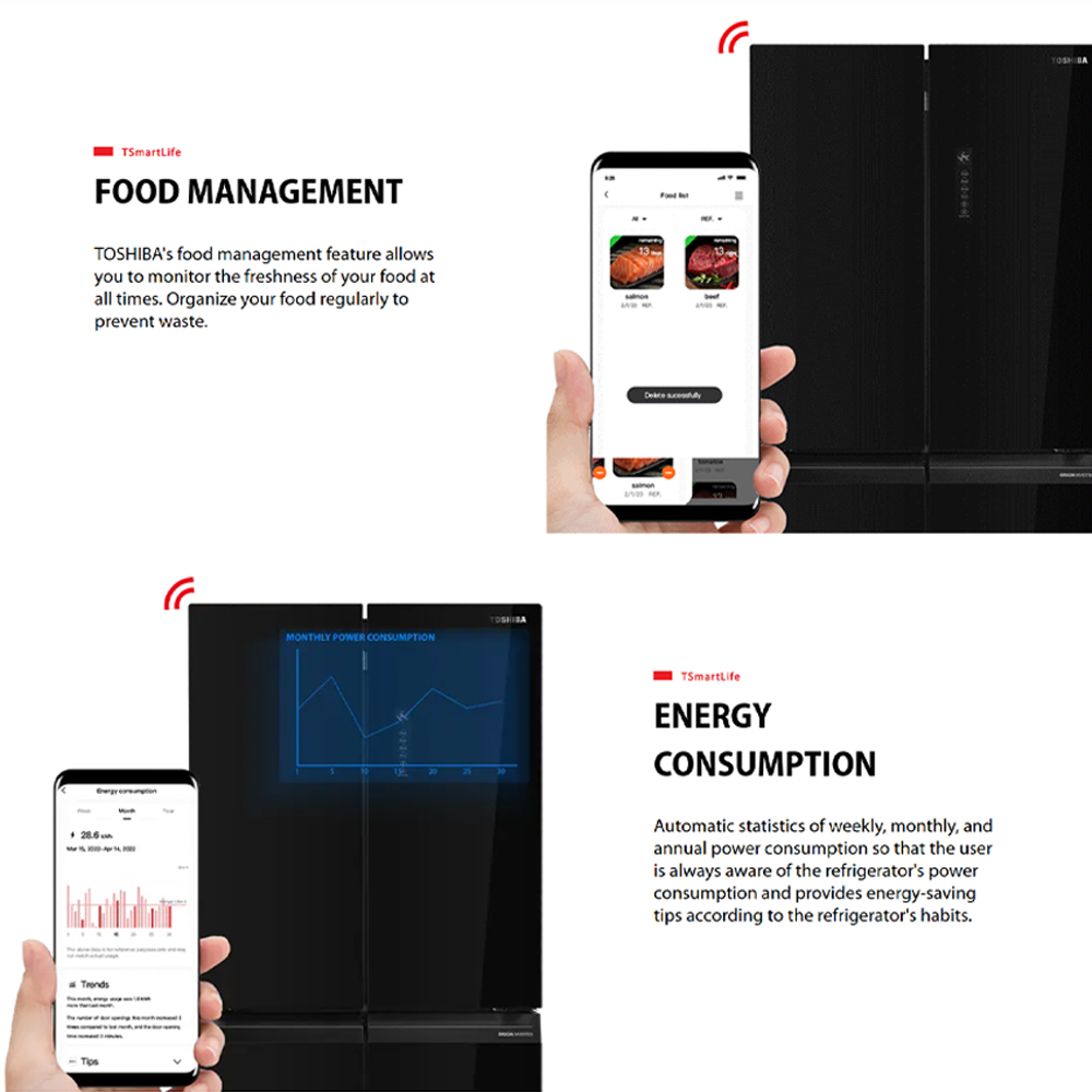 TOSHIBA 530L Multi Doors Origin Inverter IoT Refrigerator Black Glass GR-RF611WI-PGY(22) | PureBIO | TSmartLife Smart Control | Origin Inverter