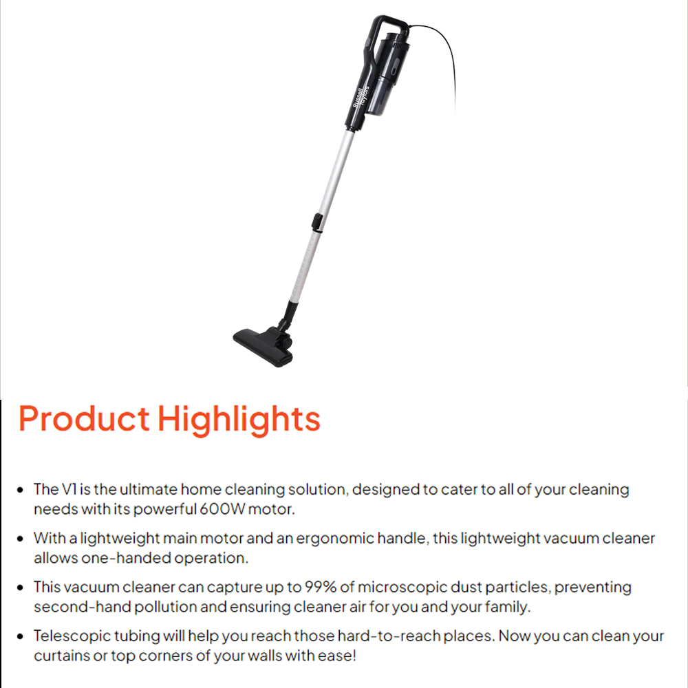 Russell Taylors 600W Interchangeable Vacuum Cleaner V1 | Power: 600W | Suction: 19,000Pa |  Dust Tank Capacity: 300ml | 2  Year General Warranty