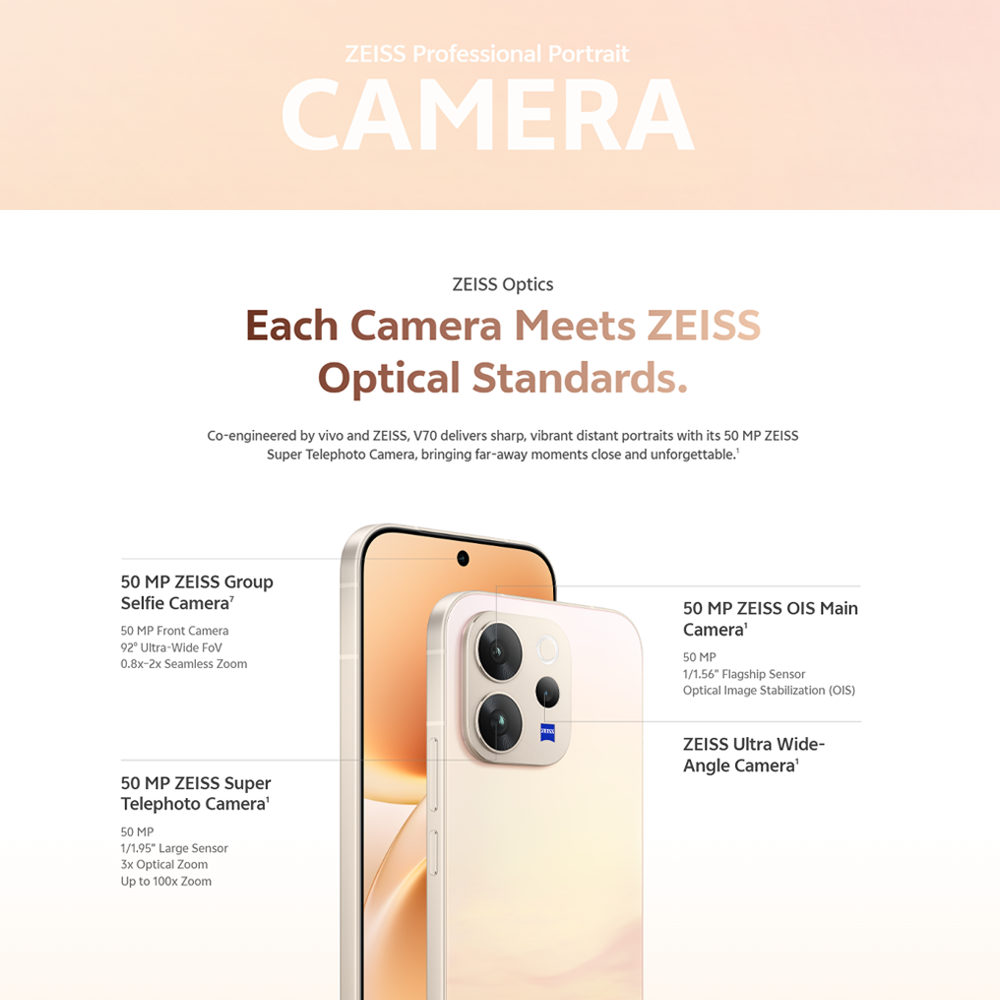 vivo V70 5G 8GB+256GB/ 12GB+256GB/ 12GB+512GB | 6.59 inches | 50MP Rear Camera | Qualcomm SM7750-AB Snapdragon 7 Gen 4 (4 nm) | Li-Po 6500 mAh