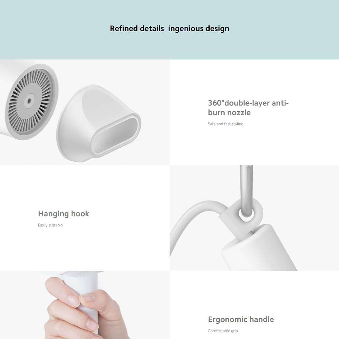 Xiaomi 1600W Mi Ionic Hair Dryer H300 CMJ02ZHM | Multiple Overheat Protections | 20m/s Super Large Air Flow | Ion Generator | 57°C Smart Temperature Control | Hair Dryer with 1 Year Warranty