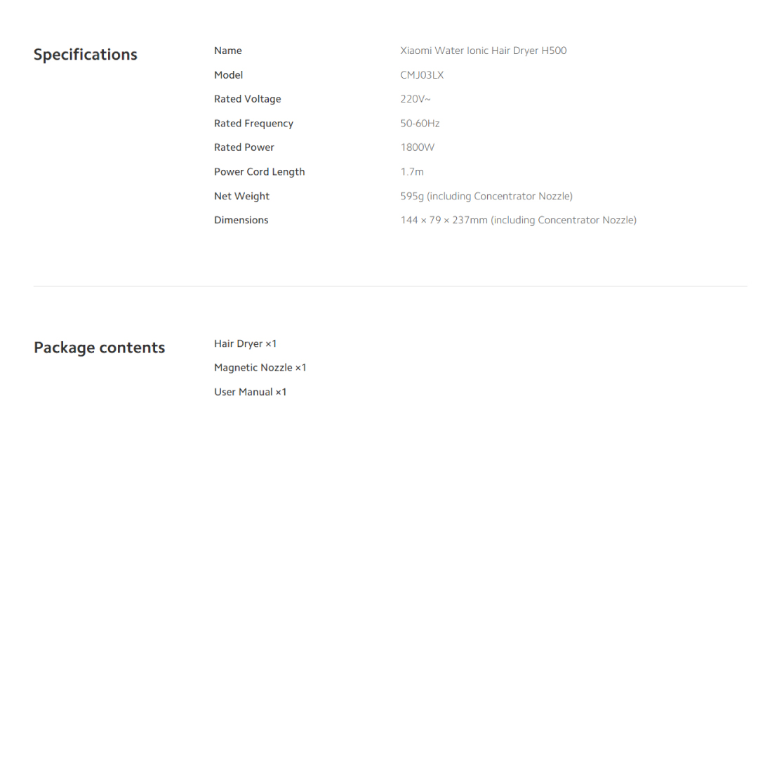 Xiaomi 1800W Water Ionic Hair Dryer H500 CMJ03LX | Dual Water Ion Hair Care |  20m/s Ultra-High Air Flow | All-Metal Body | Hair Dryer with 1 Year Warranty