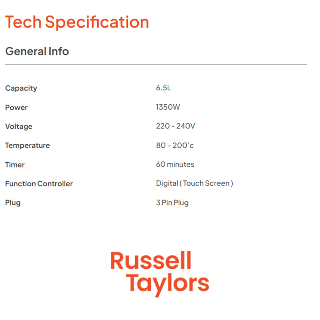 Russell Taylors 6.5L Visible Window Digital Air Fryer Z7 | Power Rating 1350 W | Crystal Clear Frying | Adjustable Timer & Temperature | Air Fryer with 2 Year Warranty