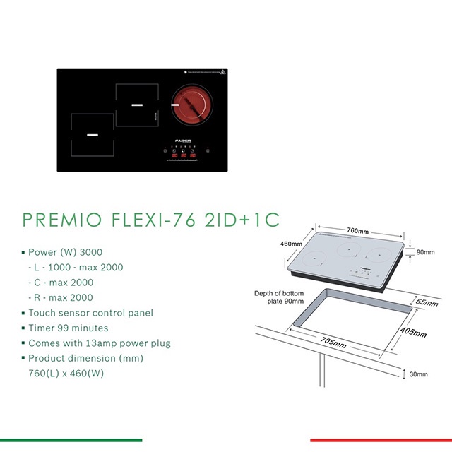 FABER 2Induction+1Ceramic Power Built-In Ceramic Hob PREMIO FLEXI-76 2ID+1C | Touch Sensor Control Panel