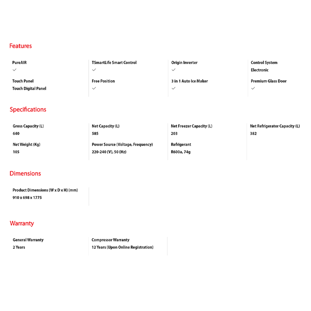 TOSHIBA 640L Side by Side Origin Inverter Refrigerator GR-RS755WIA-PGY(22) | Touch Digital Panel | TSmartLife Smart Control | Origin Inverter | 2  Year General Warranty   12 Year Motor Warranty