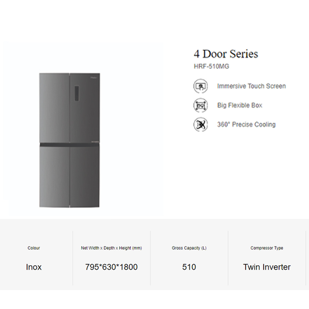 HAIER 510L 4 Doors Twin Inverter Refrigerator HRF-510GB/HRF-510MG | Immersive Touch Screen | Big Flexible Box | 360° Precise Cooling | LED Lighting | Save Energy | Eco Friendly Refrigerant | Refrigerators with 2 Year Warranty