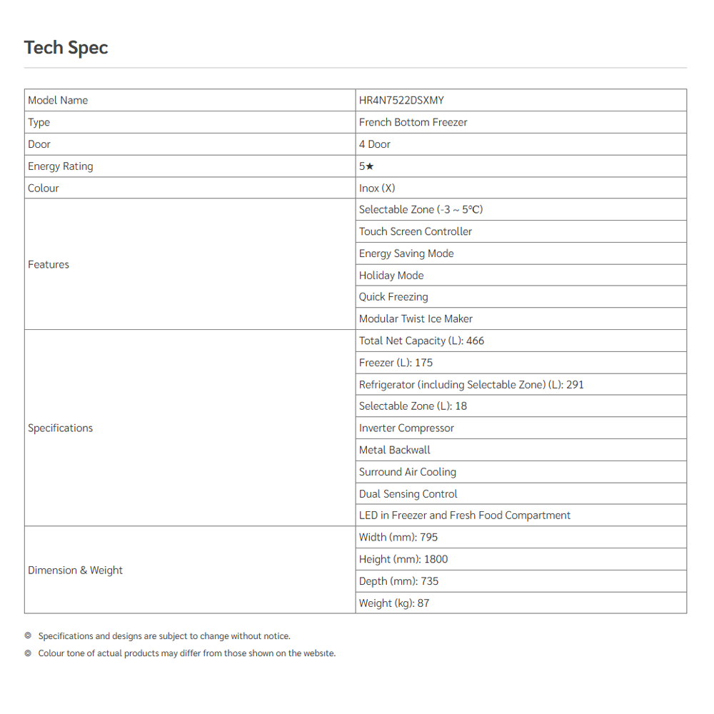 Hitachi 522L Inverter 4 Doors French Bottom Multi Doors Refrigerator HR4N7522DSXMY | Selectable Zone (-3 ~ 5℃) | 5 Star Energy Rating | Mirror Touch Controller
