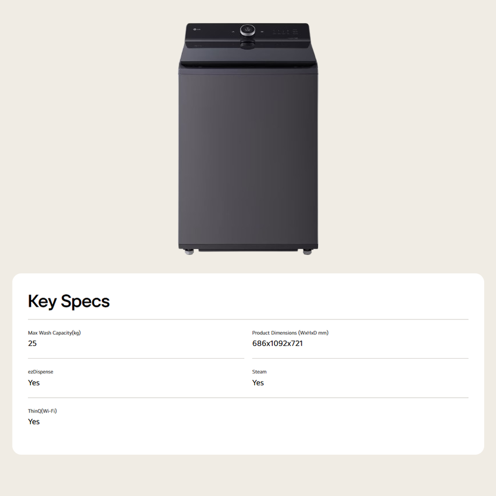 LG 25KG Top Load Direct Drive Inverter Washing Machine TX2725AT9J | AI Direct Drive | TurboClean 3D | Informative LCD Display | 6 Motion DD