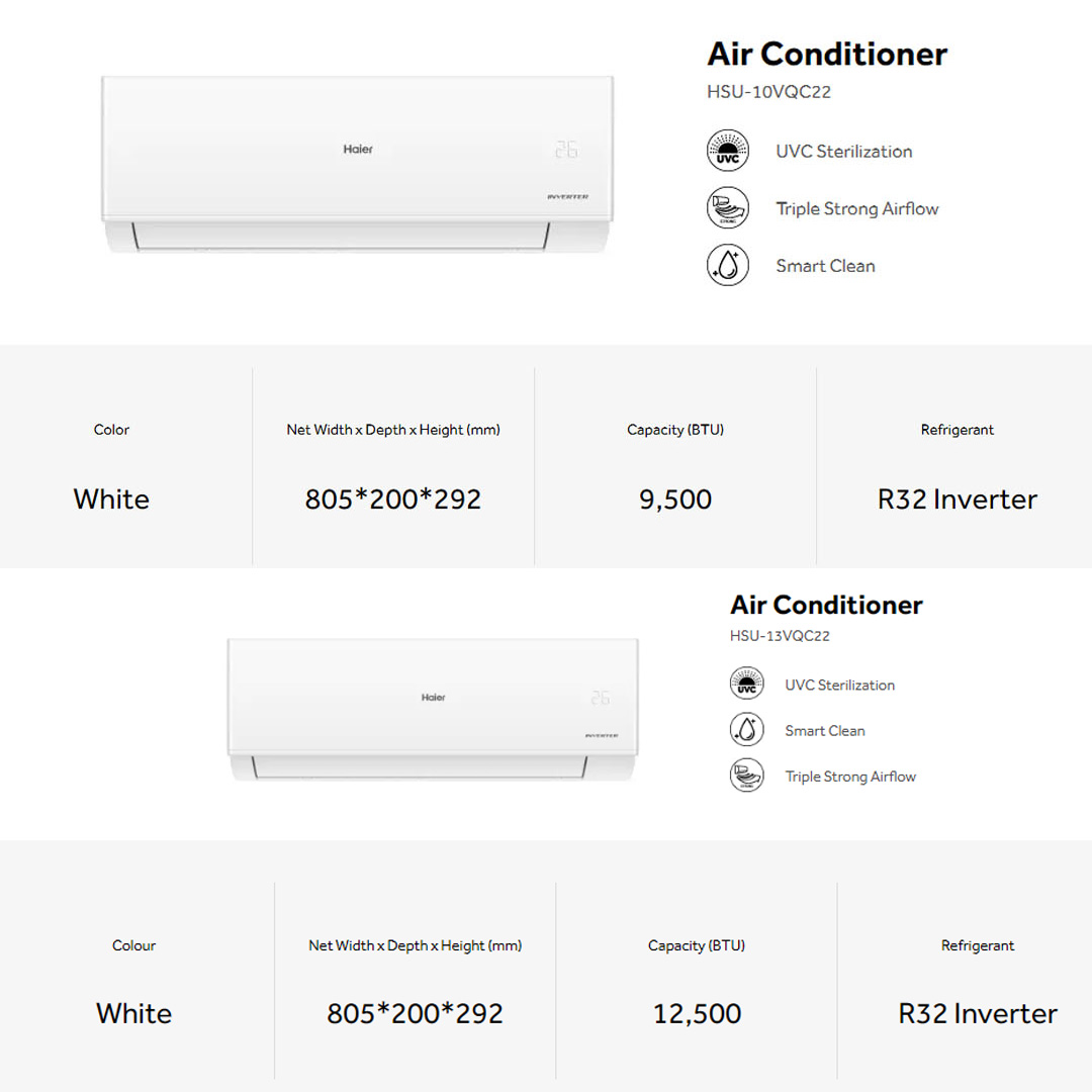 HAIER 1HP/1.5HP/2HP/2.5HP R32 UV Ray Inverter Wall Mount Air Conditioner HSU-10VQC22 |  UVC Sterilization | Triple Strong Airflow | Smart Clean | Energy Saving | I Feel | Air Conditioner with 3  Year Warranty