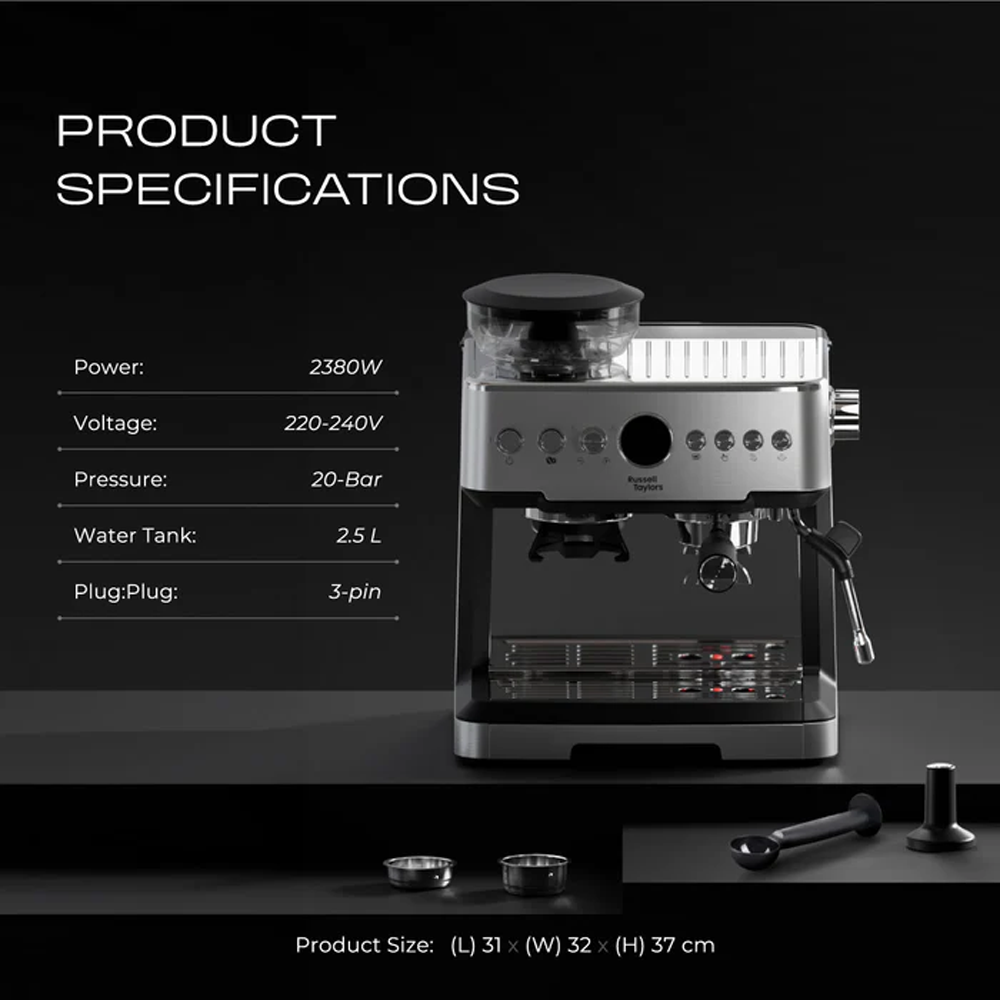 Russell Taylors 2380W 20 Bar Dual Boiler Espresso Machine 58mm Coffee Maker with Grinder EM5 | 200g Coffee Grinder | Dual Boiler | Powerful Steam