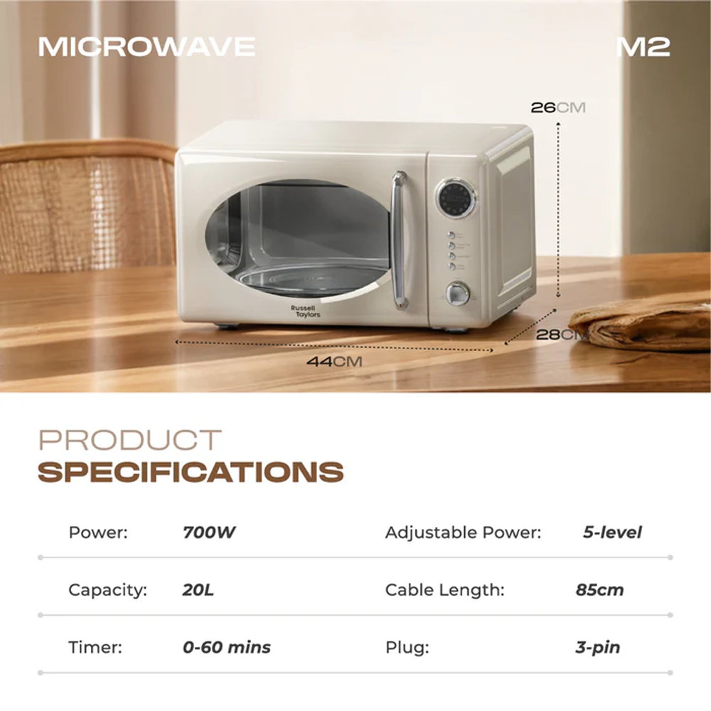 Russell Taylors 20L Retro Microwave Oven M2 | 12 Preset Programs | Quick Defrosting | Adjustable Power & Timer