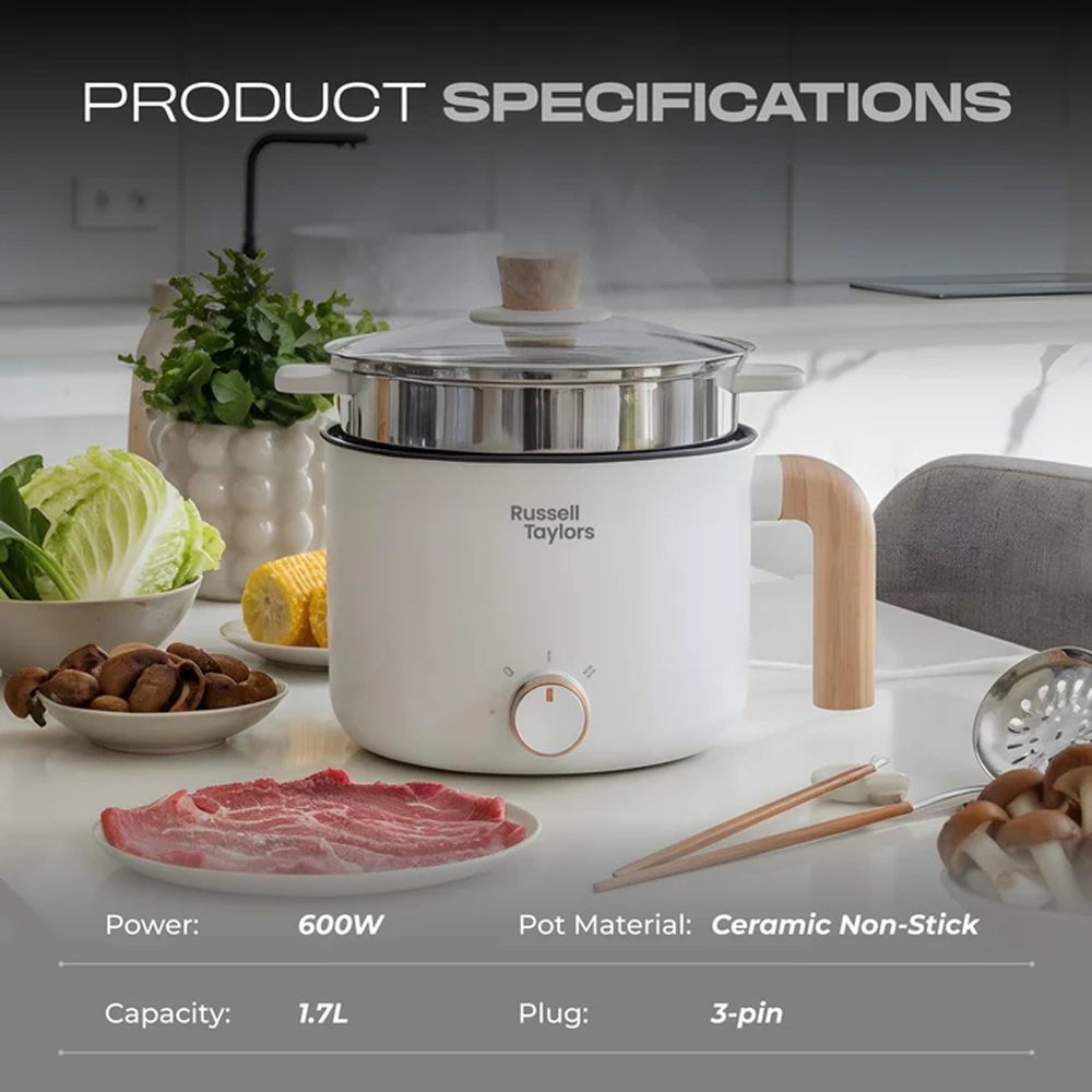 Russell Taylors 1.7L Multi Cooker With Steamer MC16 | 600W | Compact Cooking Delight | Cooks & Steam Simultaneously